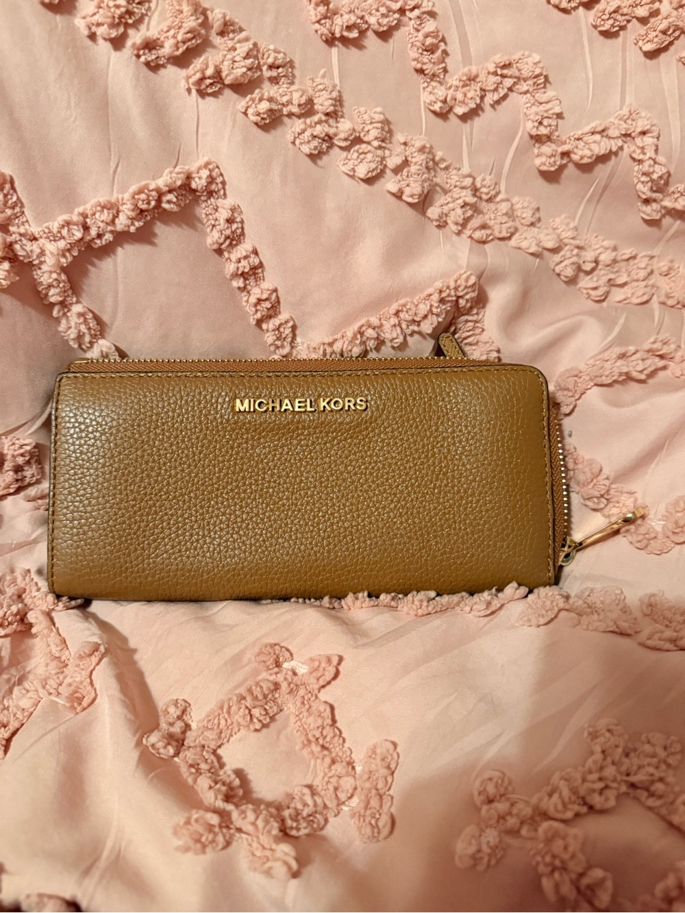 Michael Kors Camel Pebbled Zip Wallet with Gold Logo